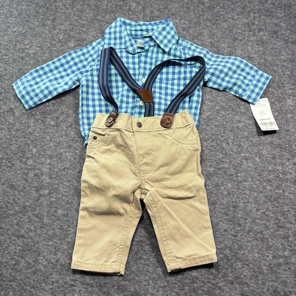 Carter's Blue Gingham Button-Up Bodysuit with Khaki Pants & Navy Suspenders - Picture 3 of 12